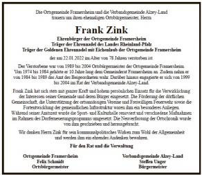 Traueranzeige Frank Zinfk